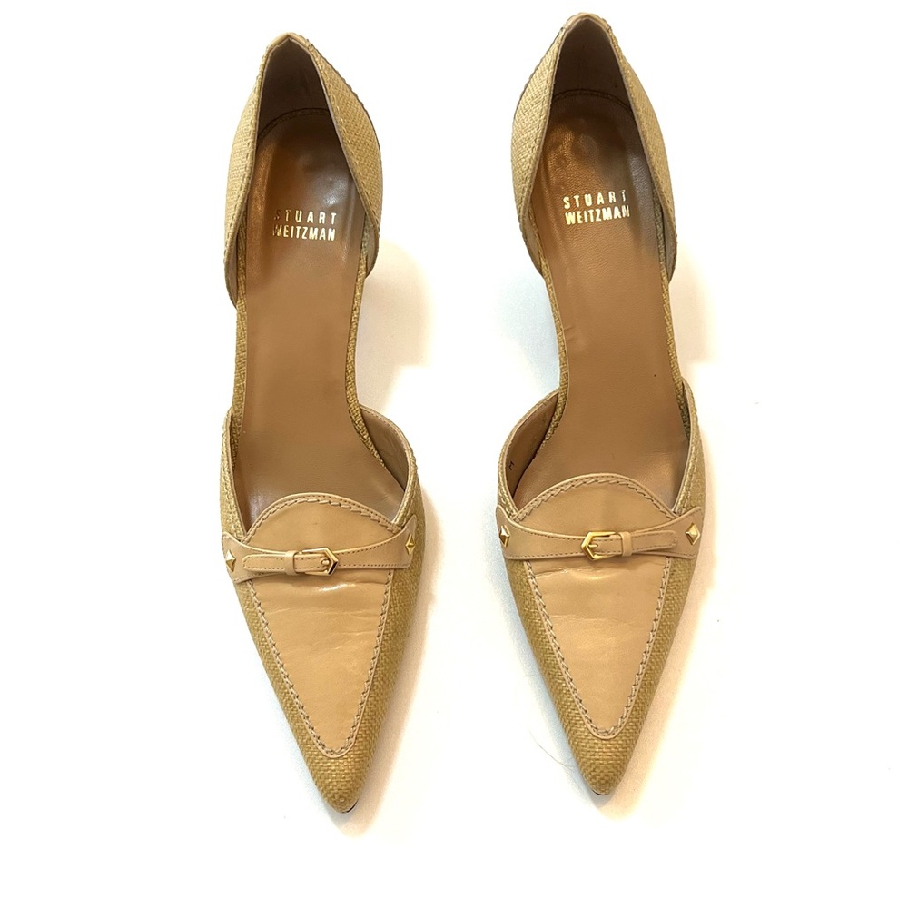 Stuart Weitzman Tan Malt Linen Tweed Heels Elegant Design Limited Wear Size 9M - Picture 4 of 8